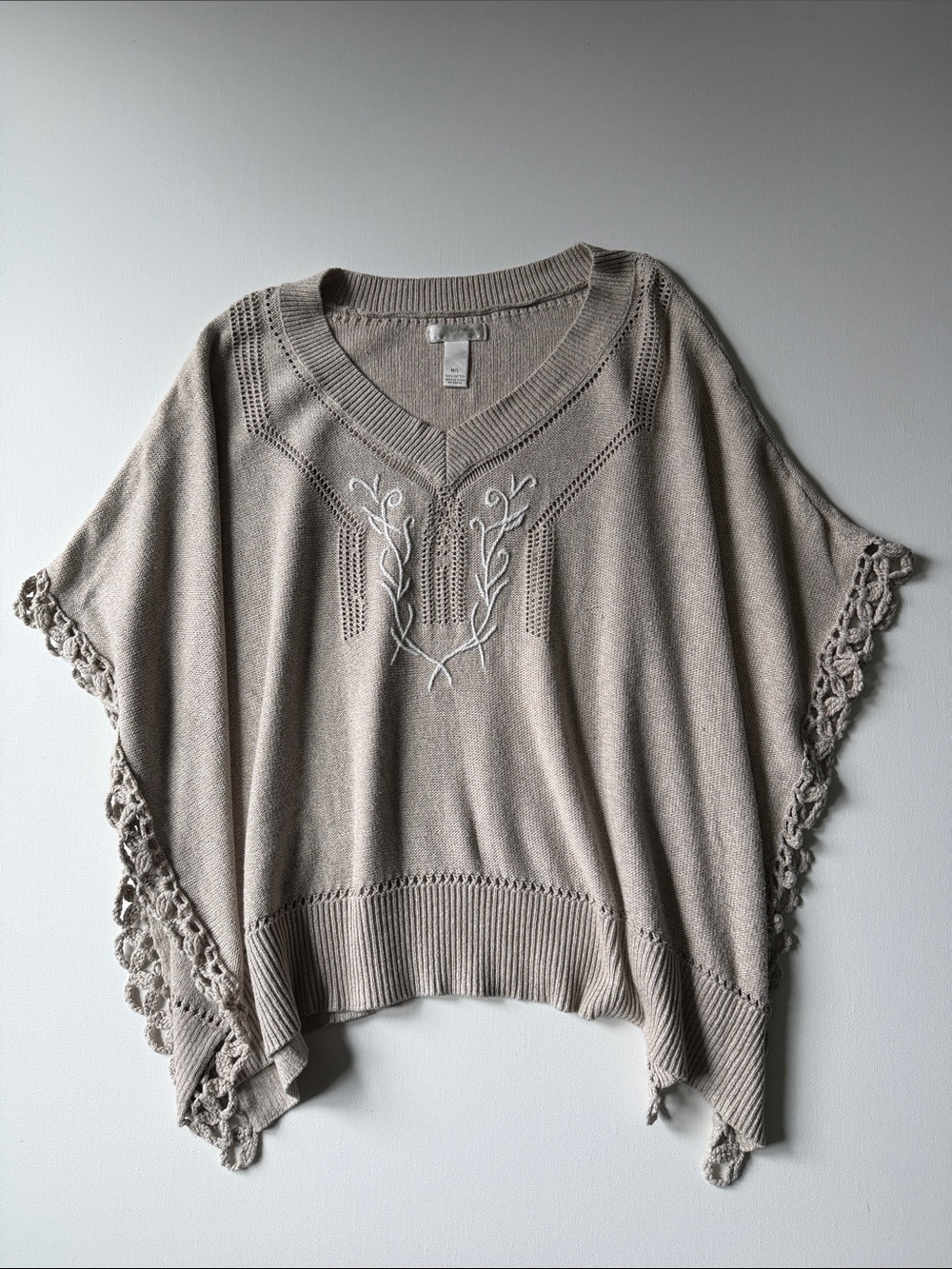 Kenar Women’s Oatmeal Cozy Knit Cotton Embroidered Poncho - SZ: M/L - Picture 2 of 11